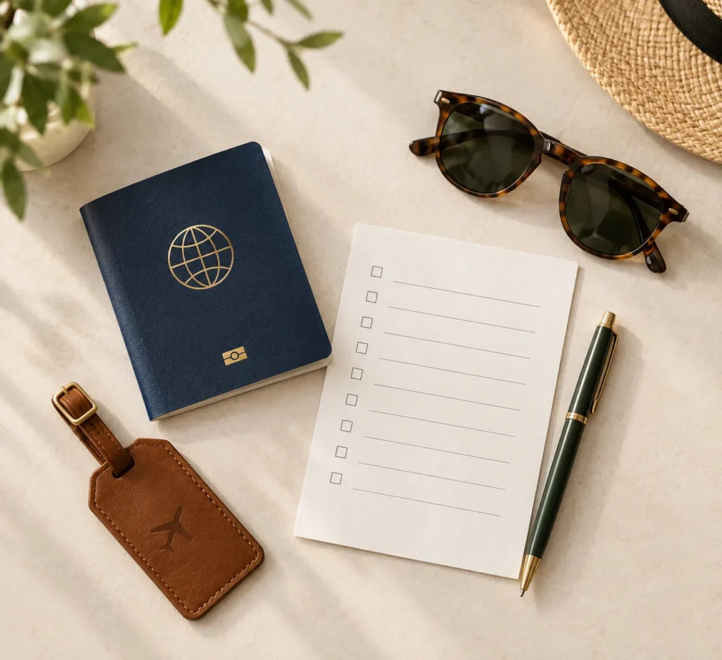Passport and travel checklist ready before booking a luxury vacation