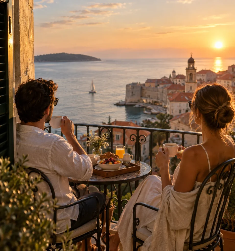 How to Plan a Luxury Vacation on a Budget Couple enjoying a luxury vacation on a budget from a boutique hotel balcony